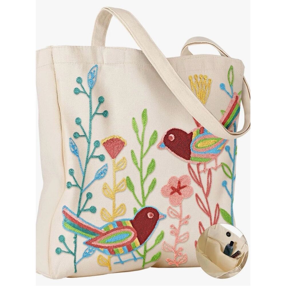 NEW Embroidered Bird Canvas Tote Bag - Cream